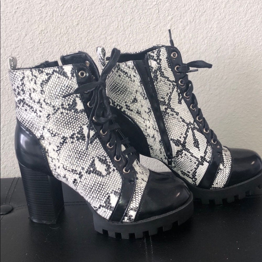 Black and white animal print combat boots
